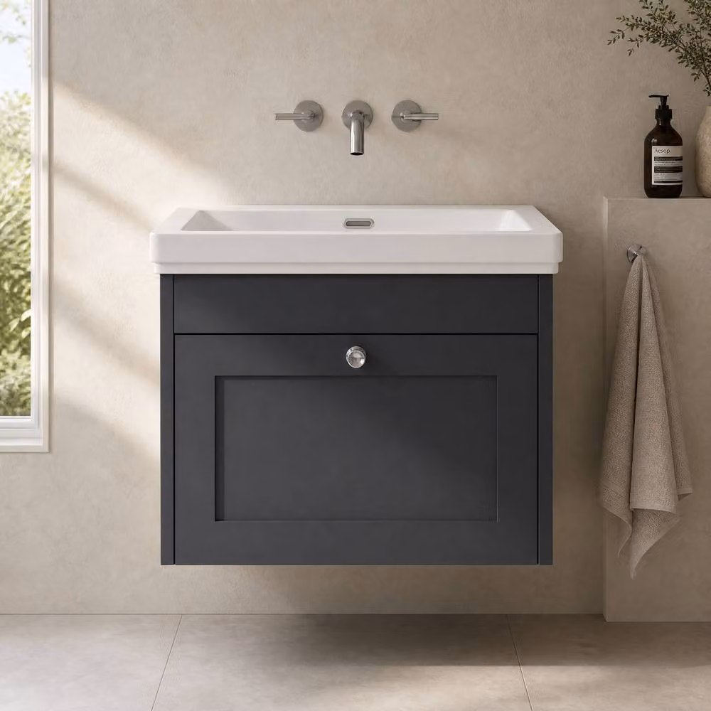 Balterley Modern Wall Hung Single Drawer Bathroom Vanity Unit with Basin in Matt Grey, W/D/H: 60 x 45.3 x 43.1 cm – 2