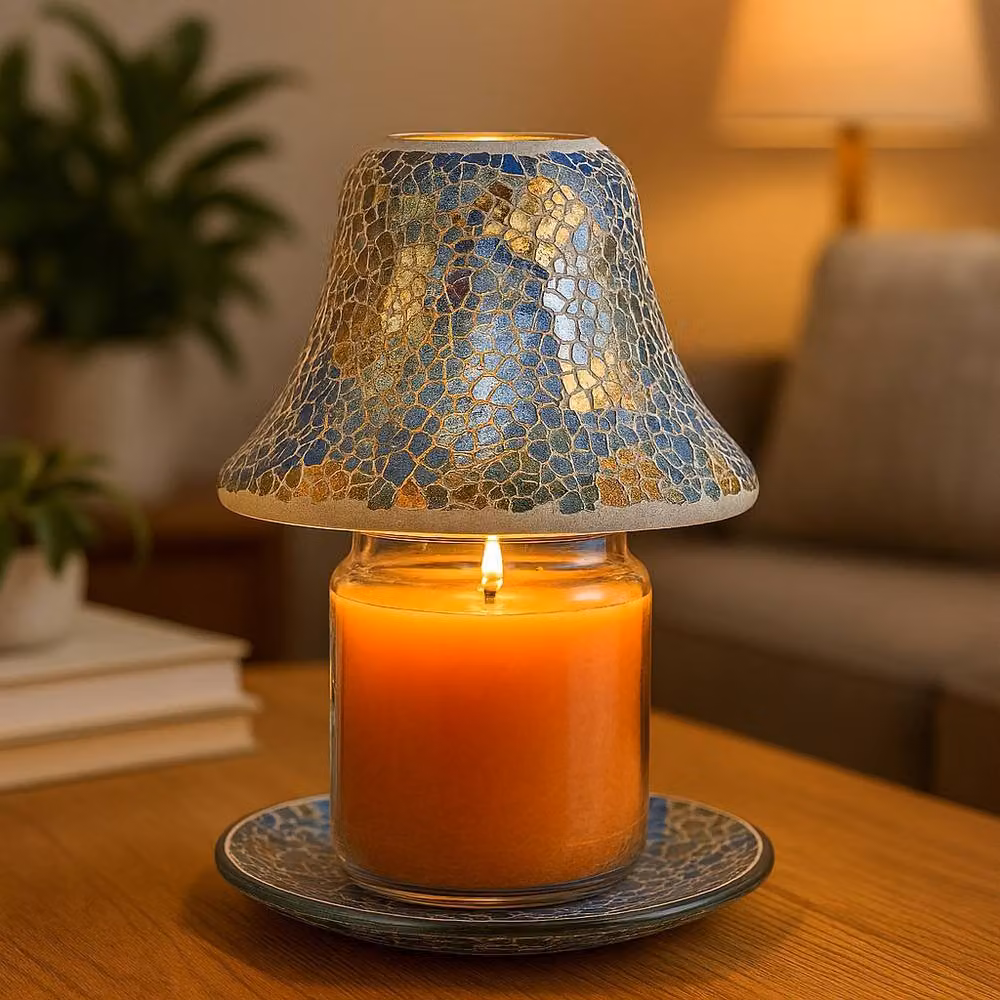Aroma Accessories Blue and Gold Crackle Glass Shade and Tray Set – 2