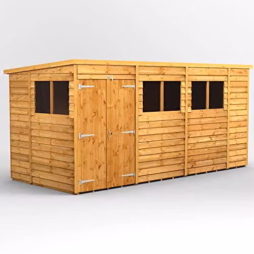 Powersheds Premium Pent Overlap Wooden Garden Shed in Brown with Double Doors and Window – 1