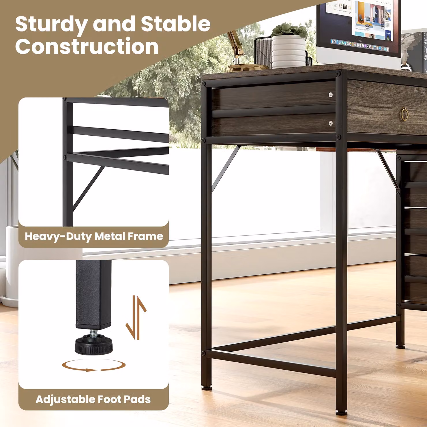 Costway Home Office Computer Desk with Side File Cabinet and 5 Drawers in Grey and Black – 7