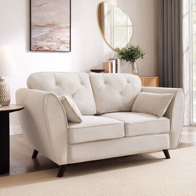 Mona 2-Seater Chesterfield Sofa in Beige Linen Fabric with Scatter Cushions
