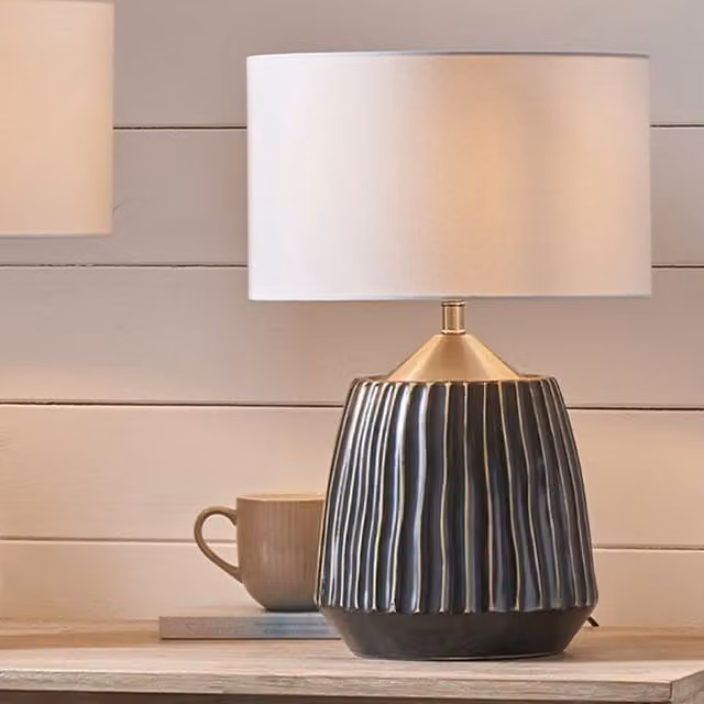 Pacific Lifestyle Modern Grey Ceramic and Metal Cylinder Table Lamp with White Fabric Shade