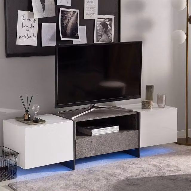 Wyld and Coco Concrete-Effect TV Stand with LED Lighting in Grey and White Veneer – 1