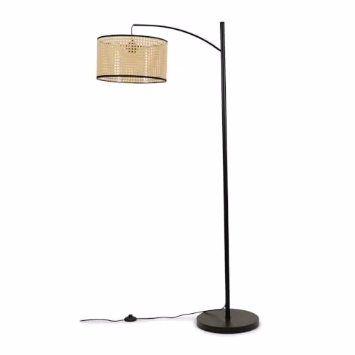 ValueLights Black Metal Curve Stem Floor Lamp with Natural Cane Rattan Shade and Warm White LED Bulb – 1