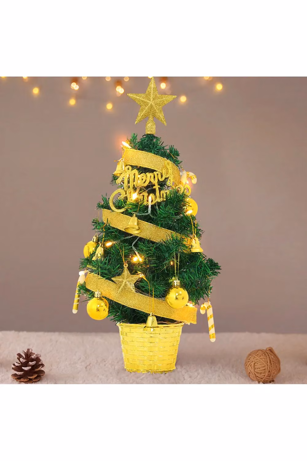 Living and Home Mini Artificial Green Pine Christmas Tree with Gold Ornaments for Tabletop Decoration – 3
