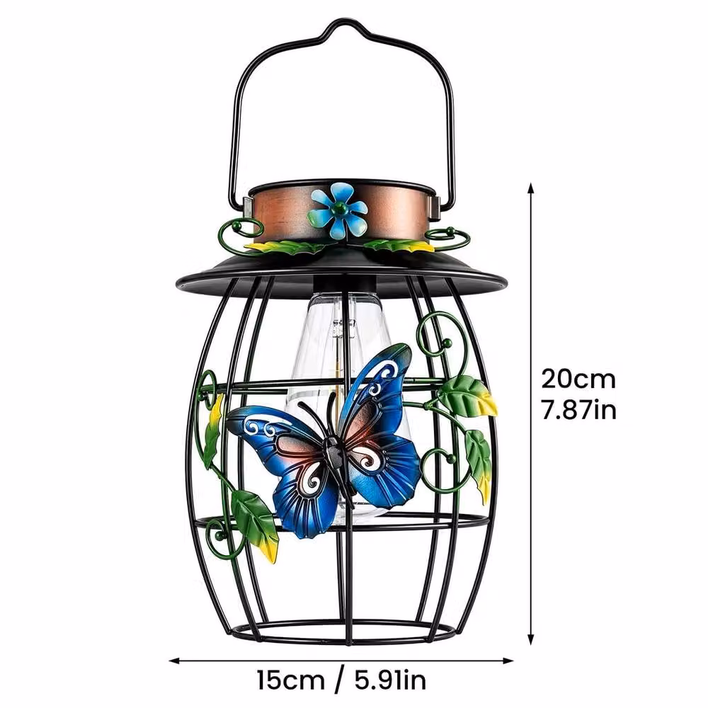 Havendro Solar Butterfly Hanging Lantern in Black with Warm White Light and Dusk Sensor, IP65 Waterproof Metal and Glass Design – 2