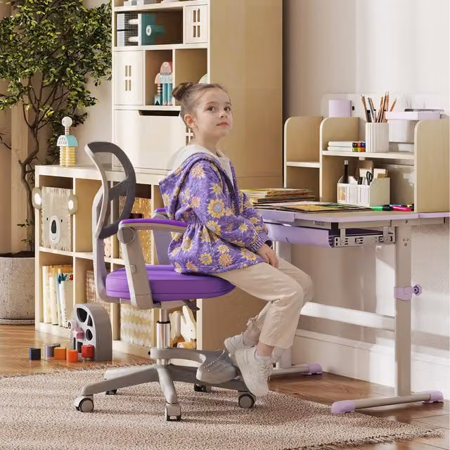 COSTWAY Purple Height Adjustable Swivel Task Chair for Children with Armrests and Castors