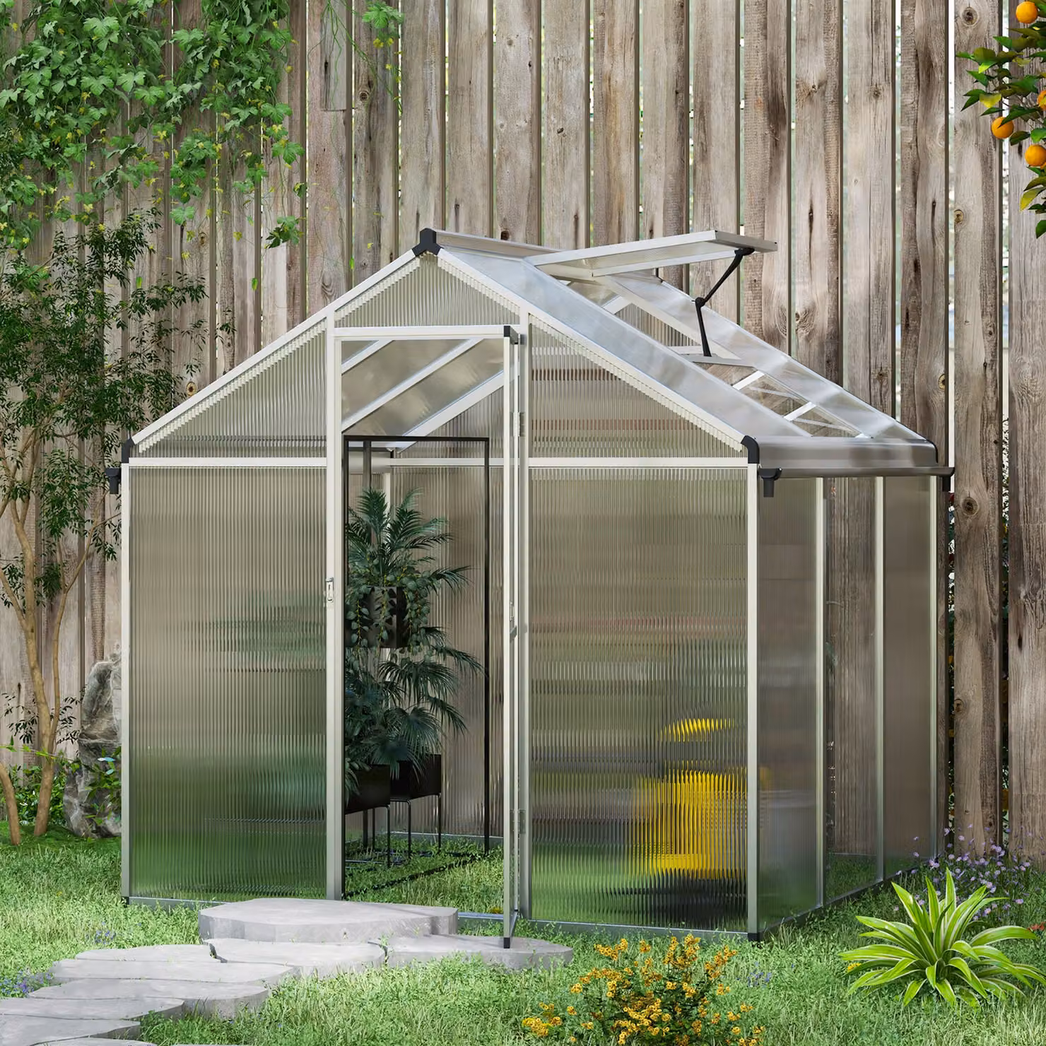 Outsunny Polycarbonate Walk-In Greenhouse with Aluminium Frame, Rain Gutters and Window – 2