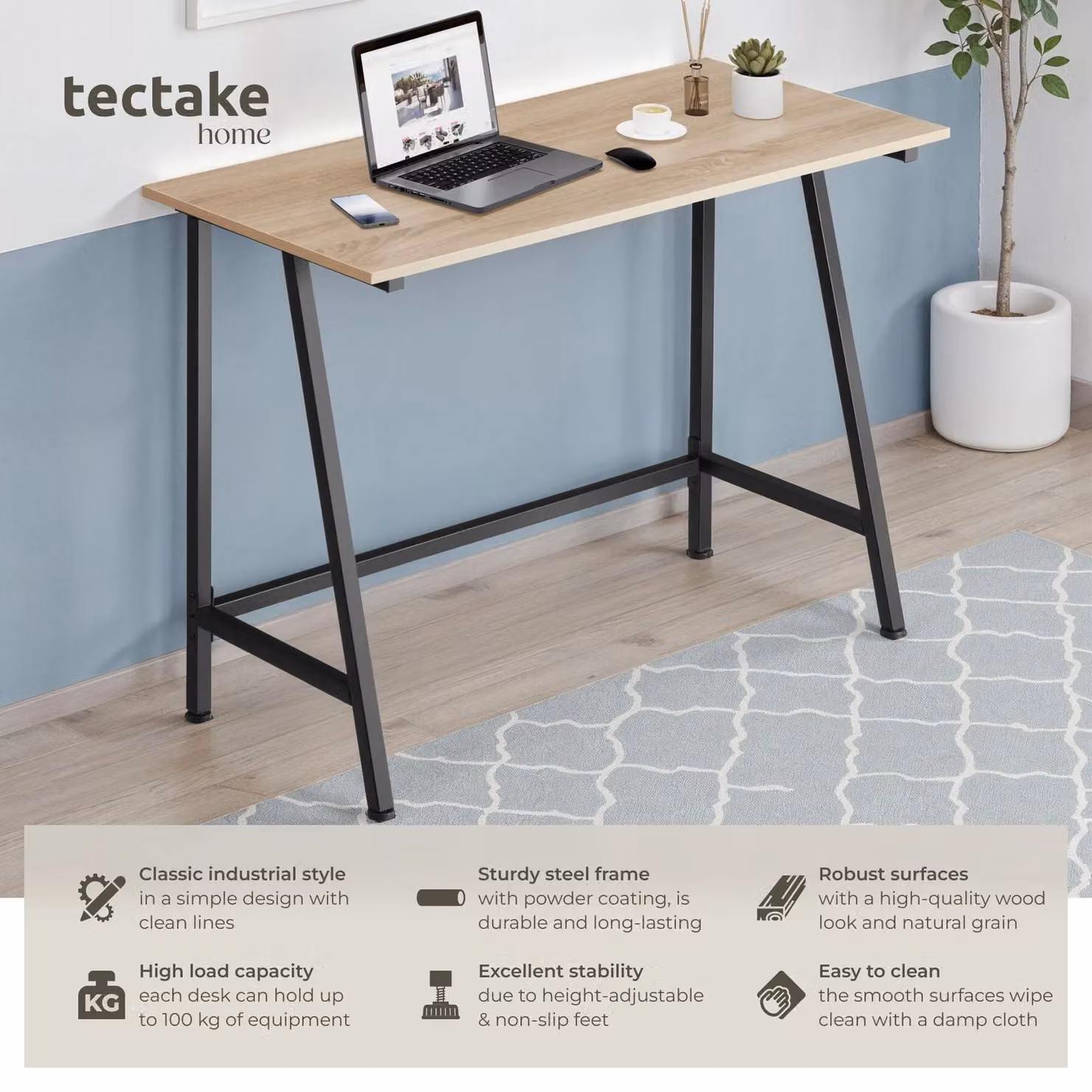 tectake Newton Modern Height Adjustable Computer and Writing Desk in Light Oak – 2