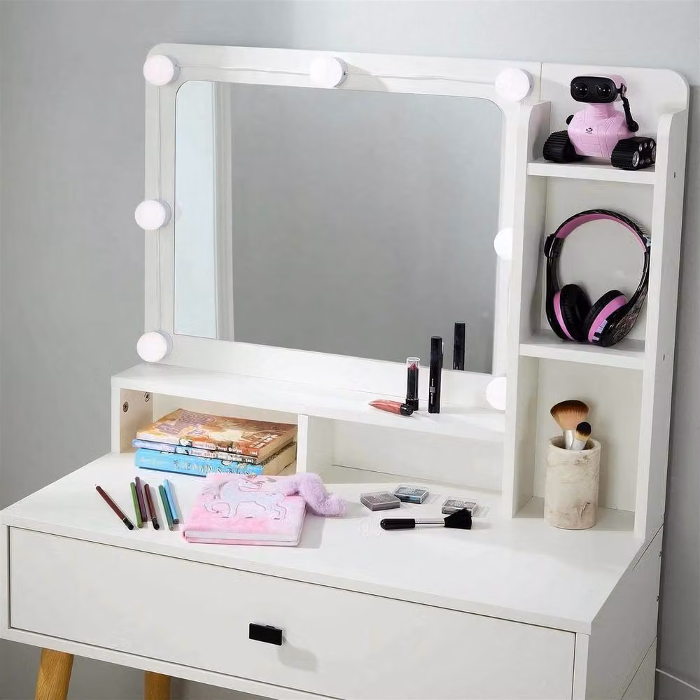 FORGEVIO Modern White Dressing Table with Hollywood LED Lighted Mirror and Cushioned Stool – 3