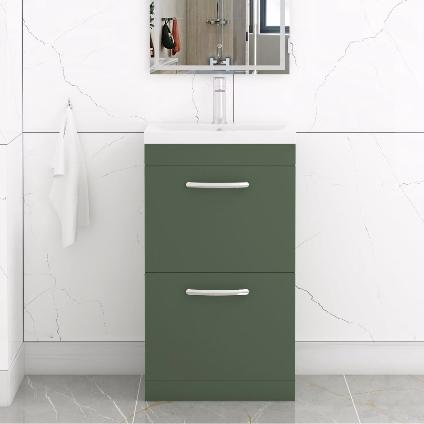 Royal Bathrooms Turin 500mm Matt Green Floor Standing 2 Drawer Mid-Edge Basin Vanity Unit
