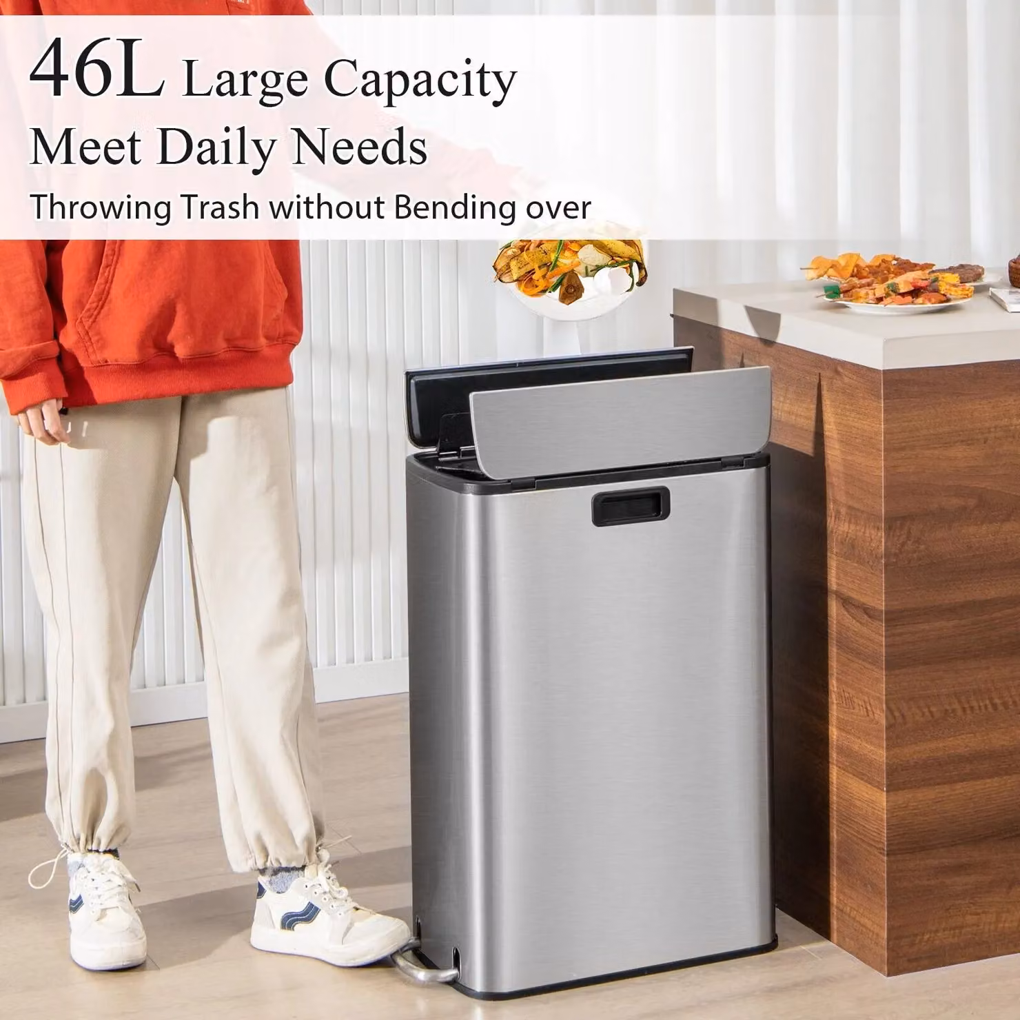 Costway 46L Slim Step Kitchen Trash Can with Removable Inner Bucket in Silver Stainless Steel – 4