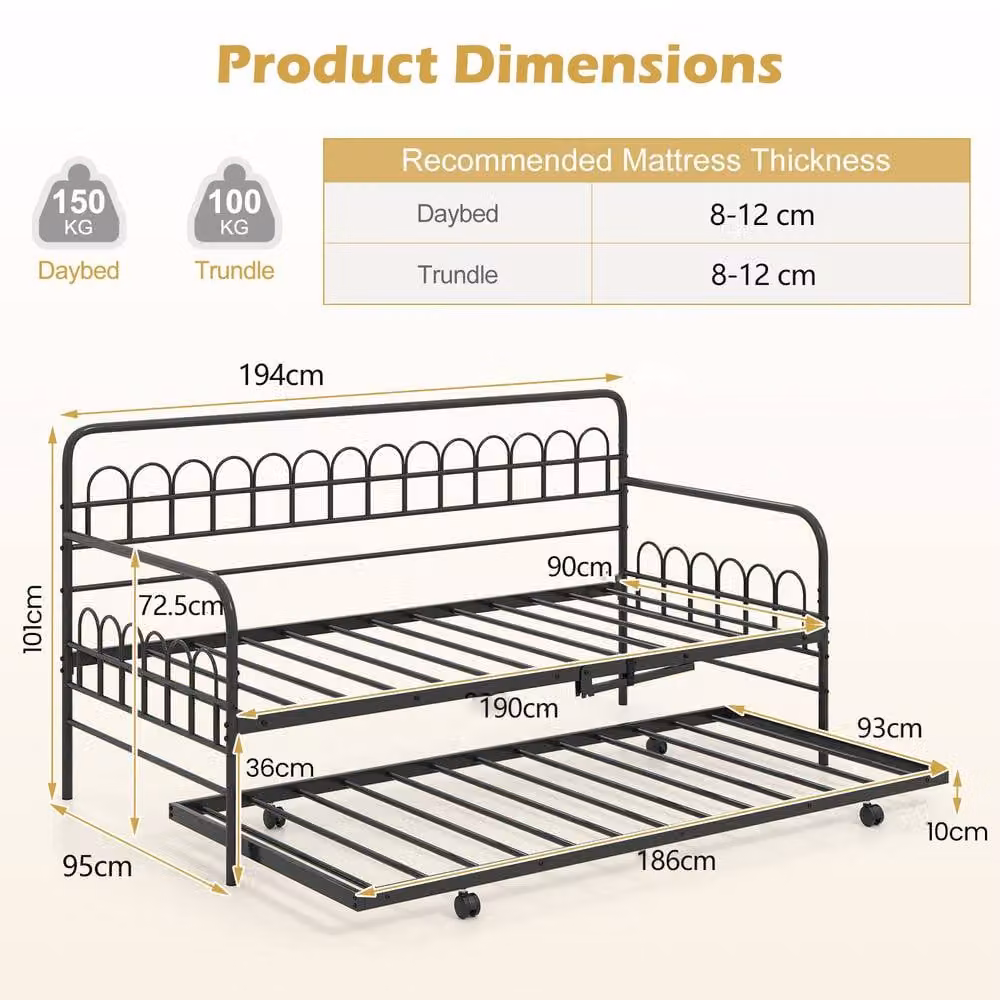 Costway Single Metal Daybed with Trundle and Curved Backrest in Black – 1