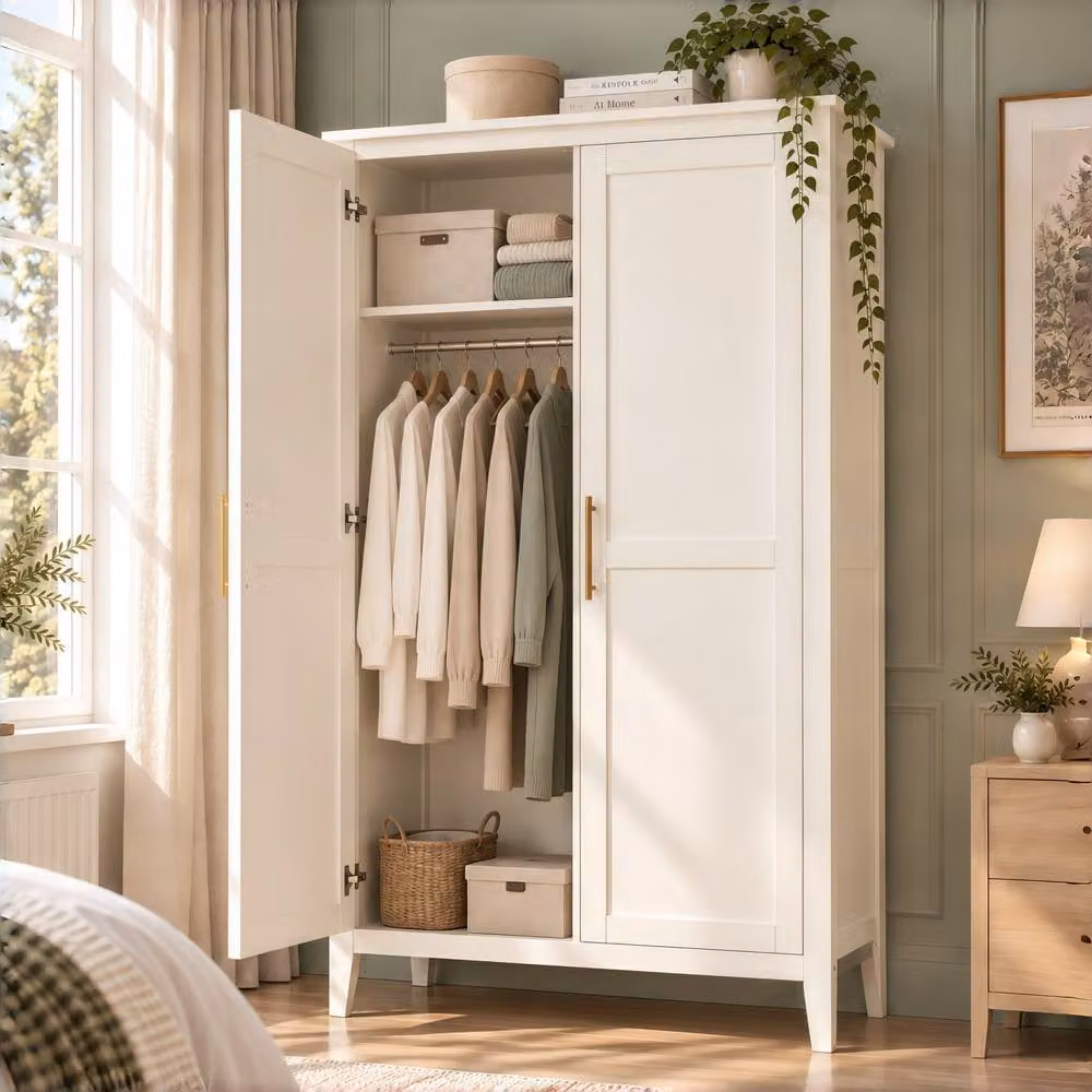Merax 2 Door Double Freestanding Wardrobe with Hanging Rail and Open Shelf in Cream – 2