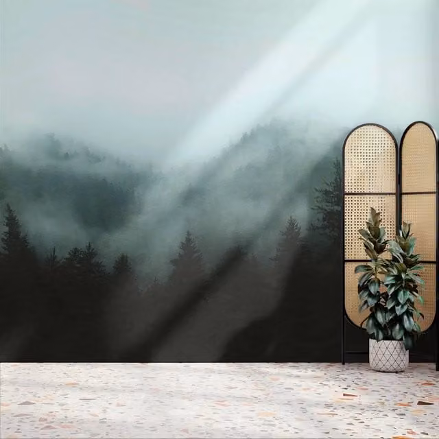 Superfresco Easy Misty Landscape Teal Print Mural in Blue, W: 300 cm, H: 280 cm