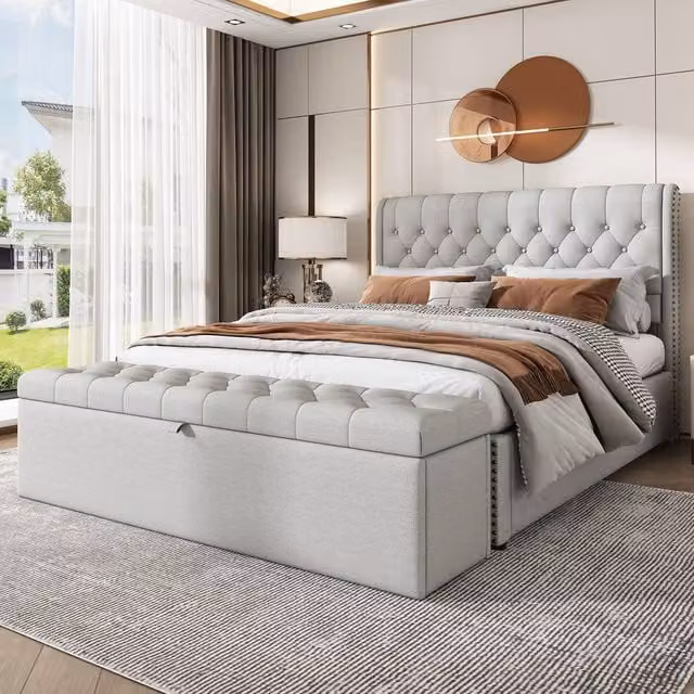 Matteo Luxurious Upholstered Double Bed with Lift-Up Storage in Light Grey Velvet, W/D/H: 135 x 190 x 102.5 cm