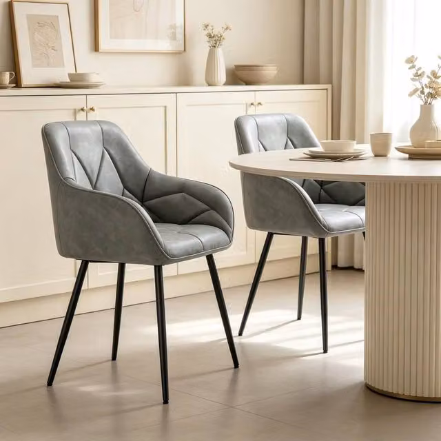 Merax Set of 2 Grey Faux Leather Upholstered Dining Chairs with Armrests – 1