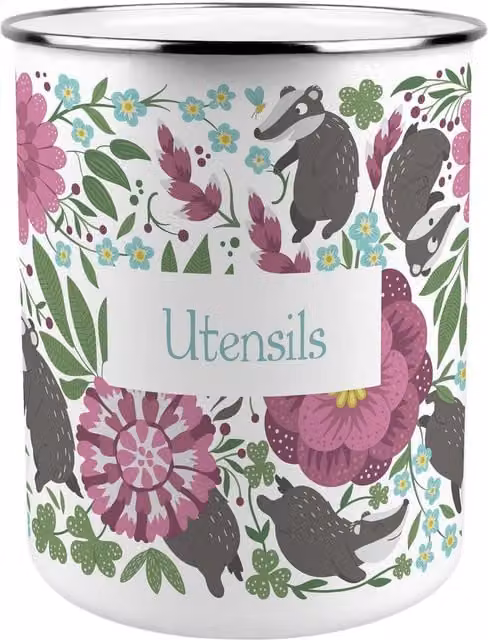 Purely Home Badgers and Flowers Kitchen Utensil Holder, Multicolour Purple