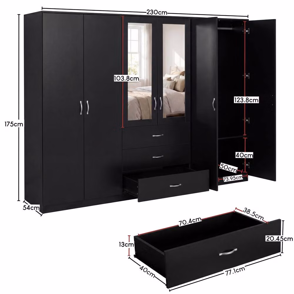 Vida Designs Riano 6 Door 3 Drawer Mirrored Wardrobe in Black – 2