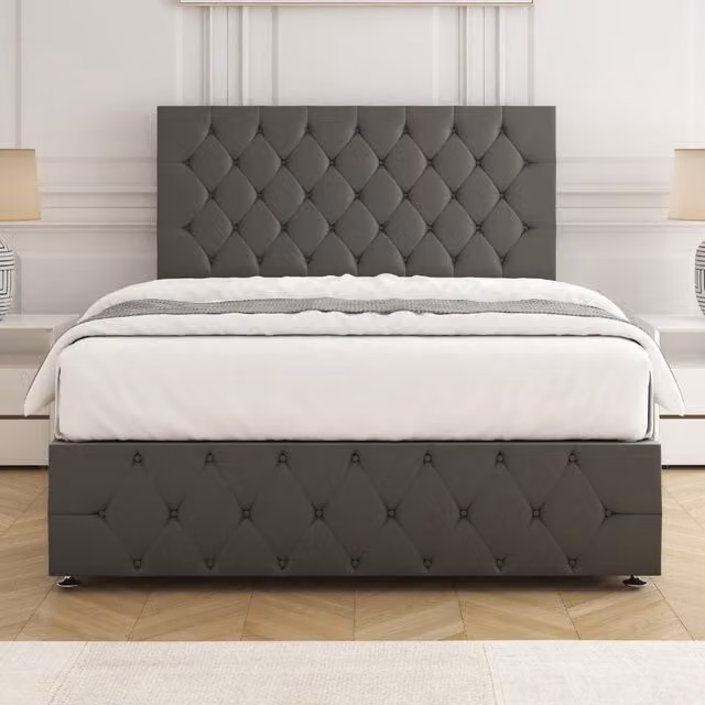 BSSPOKE Mulberry Grey Velvet Upholstered Super King Divan Bed with 24 inch Headboard and Footboard, W/D/H: 200 x 200 cm – 1