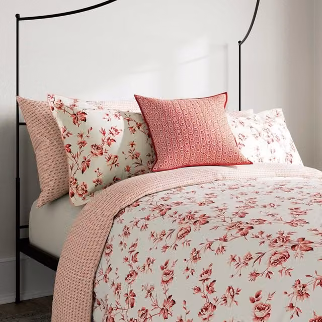 V&A Garden Rose Single Cotton Percale Duvet Cover and Pillowcase Set, Pink, 90 x 200 cm