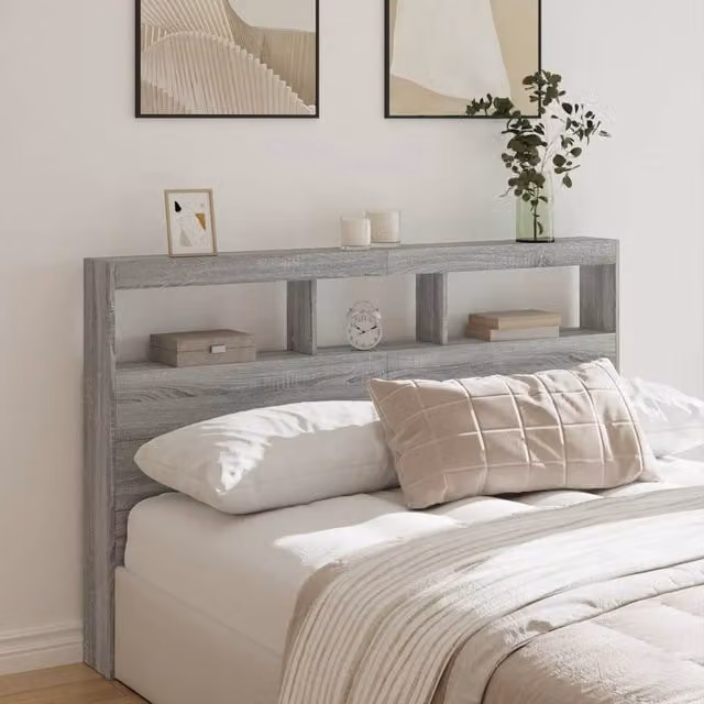 Berkfield Home Modern Wall Mount Headboard Cabinet in Grey Sonoma with Integrated LED Lighting, Shelf and USB Charging Port, W: 160 cm, D: 17 cm, H: 102 cm