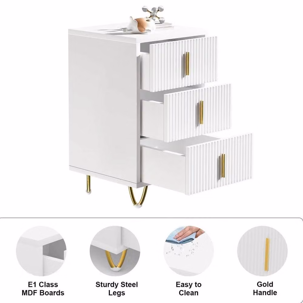 SPETLEK 3 Drawer Bedside Table Cabinet in White and Gold, W/D/H: 40 x 40 x 66 cm – 2