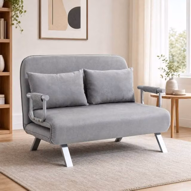 STILVORA Two-Seater Click-Clack Sofa Bed in Grey Microfibre with Metal Frame