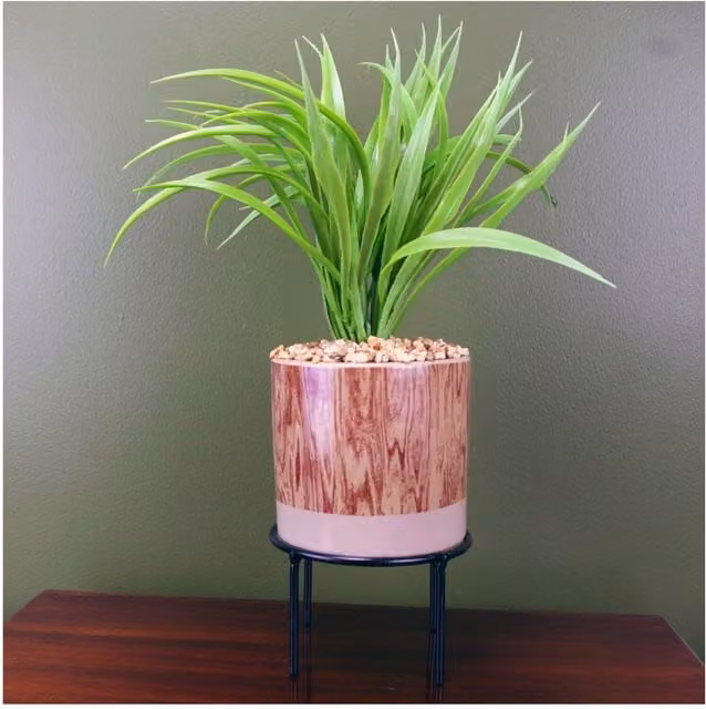 Dyzi Green Artificial Grass Plant with Ceramic Planter and Metal Stand, Height: 35 cm