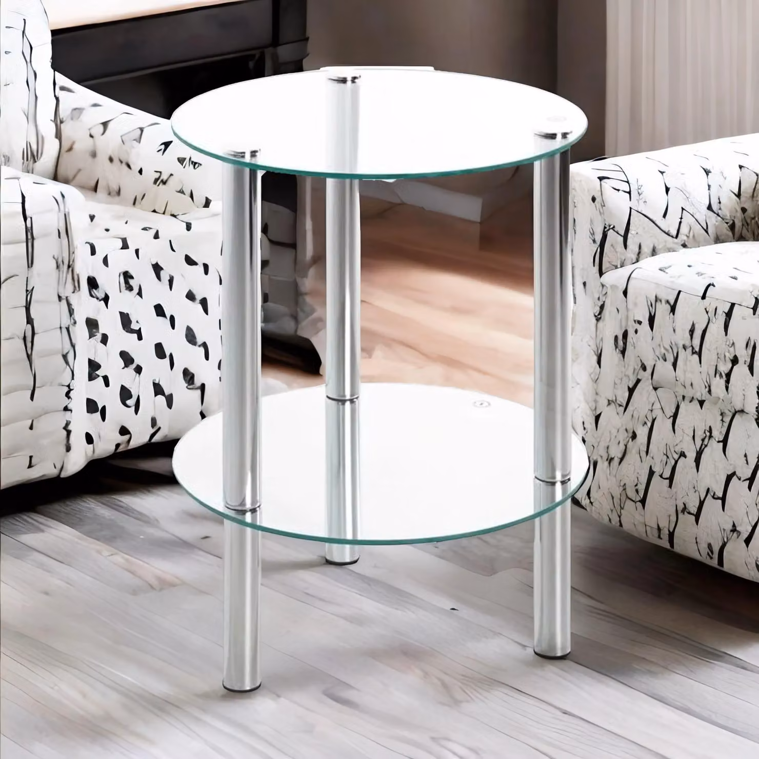 FURNOS 2-Tier Round Silver Side Table with Glass Top, W/D/H: 35 x 35 x 47 cm – 2