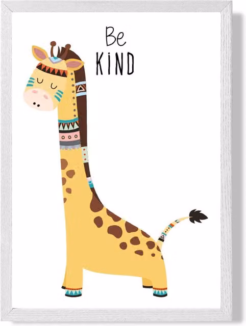 ARTZE Be Kind Giraffe Tribal Animal Quote Framed Print in Yellow and White