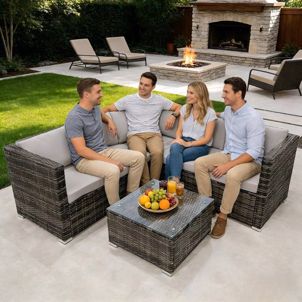 Alivio 5-Seater Grey PE Rattan L-Shape Patio Corner Sofa Set with Coffee Table and UV-Resistant Cushions – 3