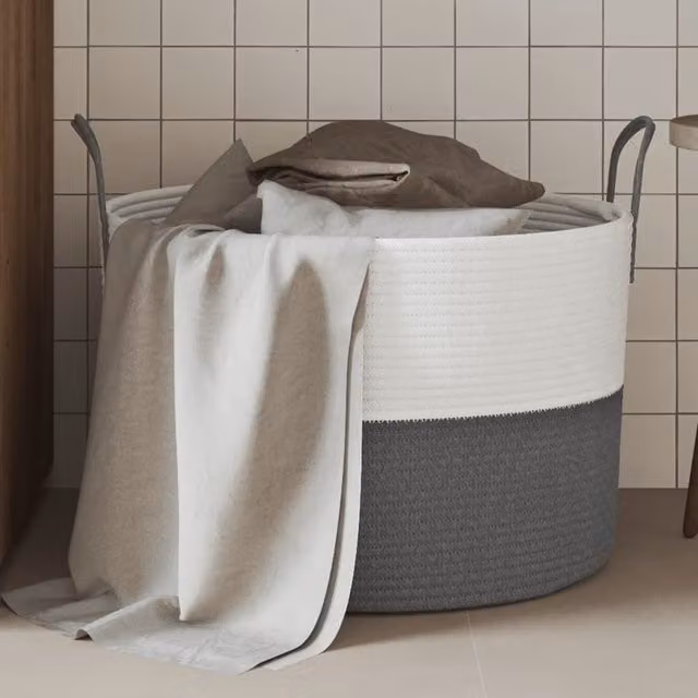 Berkfield Open Weave Cotton Storage Basket in Grey and White, W: 51 cm, D: 33 cm, H: 33 cm