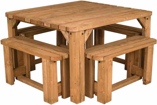 Arbor Garden Solutions QUADRUM Rounded Picnic Table with 4 Benches, Rustic Brown Treated Hardwood