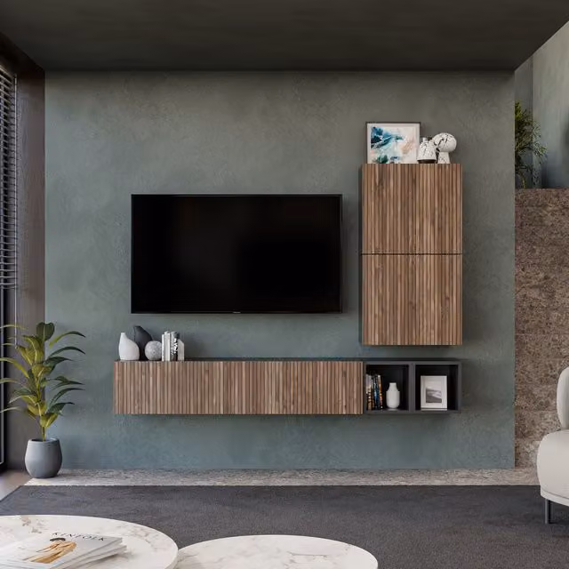 Decorotika Vichy Modern Wall Mounted Entertainment Center with Open Shelf and Hinged Doors in Black with Geometric Pattern