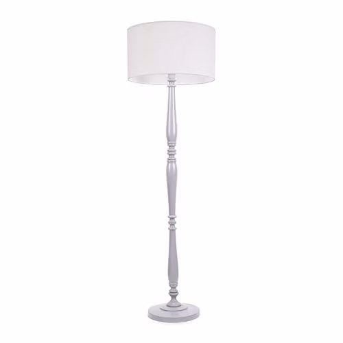 ValueLights Traditional Grey Wood Candlestick Floor Lamp with White Fabric Drum Shade and LED Bulb, H 155 cm x W 45 cm x D 45 cm