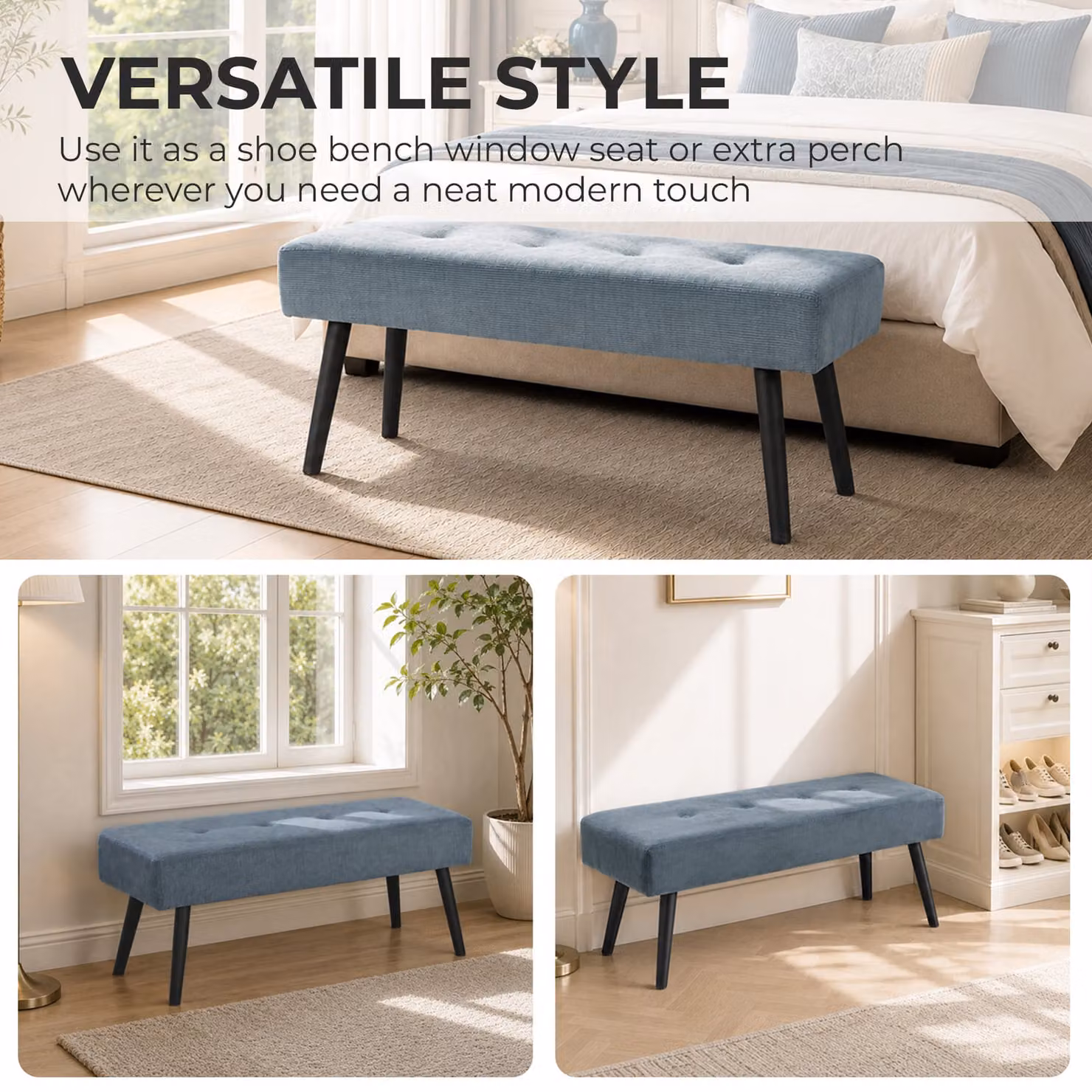 HOMCOM Modern Corduroy Upholstered Bedroom and Hallway Bench with Metal Legs, Blue – 4