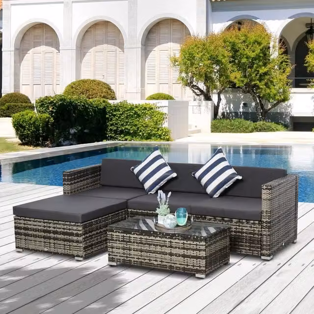 Outsunny 5 Piece Modern Rattan Sofa Set in Mixed Grey with Striped Cushions