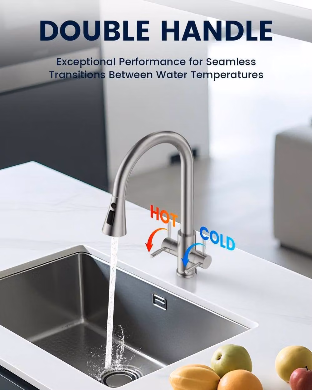 JANLEMNY Dual Lever Kitchen Sink Mixer Tap with Pull-Out Spout and 360 Degree Swivel in Silver Brushed Steel – 3