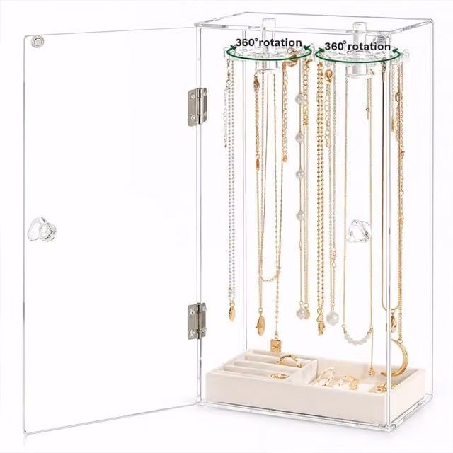 Livingandhome Transparent Acrylic Jewellery Holder with 24 Hooks and Rotating Shelf