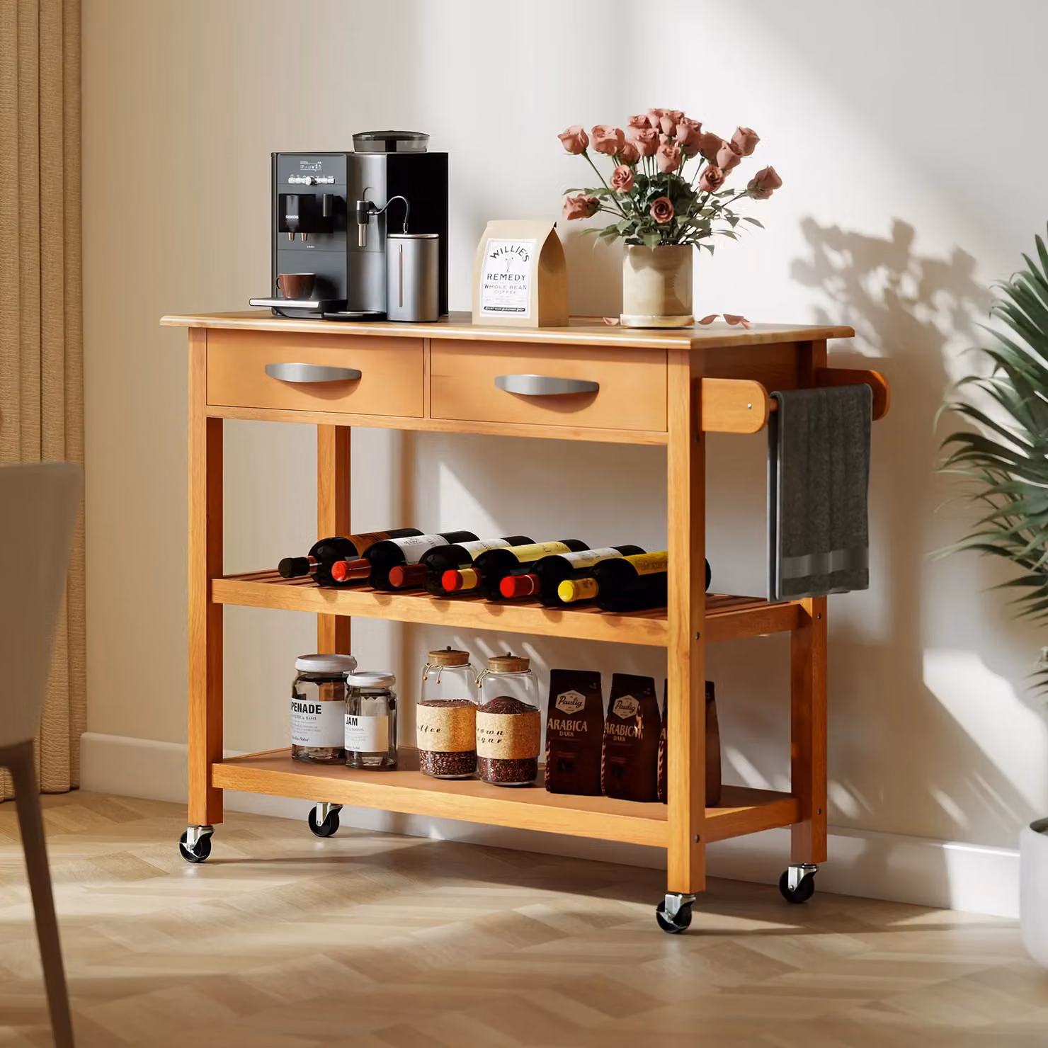Costway 3-Tier Rolling Kitchen Island Utility Cart with 2 Drawers in Brown – 5