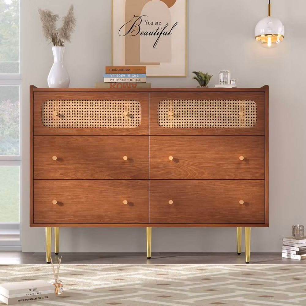 Matteo Rattan Sideboard Chest of Drawers with 6 Drawers in Walnut and Gold – 4