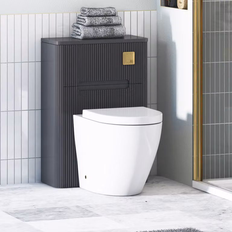 Avenza Matt Obsidian Black BTW Wall Mounted WC Unit with Elva Rimless Ceramic Toilet Pan, Seat and Cistern, Width: 55 cm