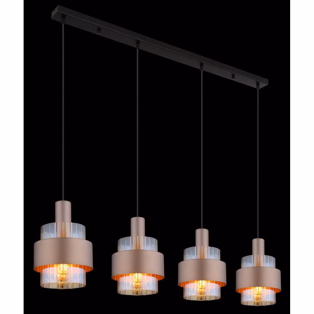 Netlighting Milley Bar Pendant Ceiling Light with Amber Glass Shades in Matt Black and Brown, 4x E27, Height Adjustable – 2