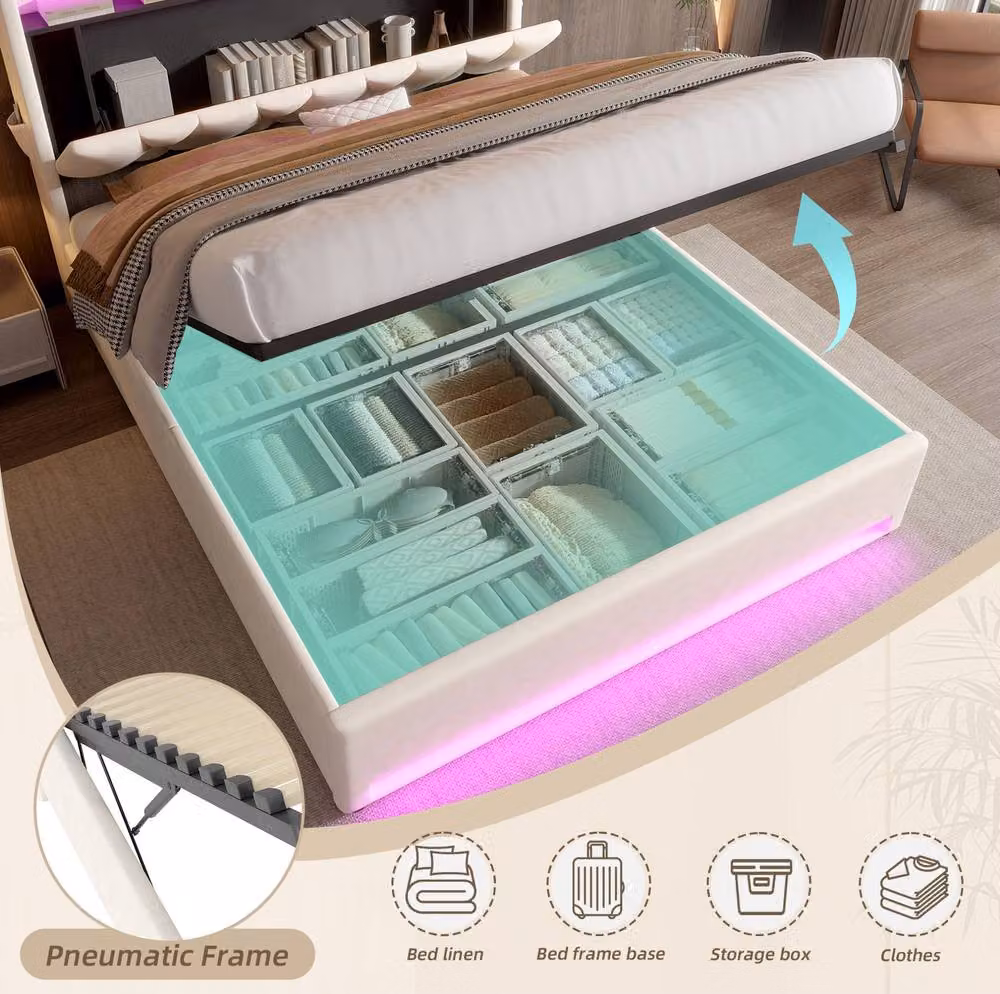 STILVORA Beige Velvet Upholstered Double Bed Frame with LED Lighting, USB Charging Ports, Bedside Shelves and Lift-Up Storage W/D/H: 140 x 200 x 137 cm – 5
