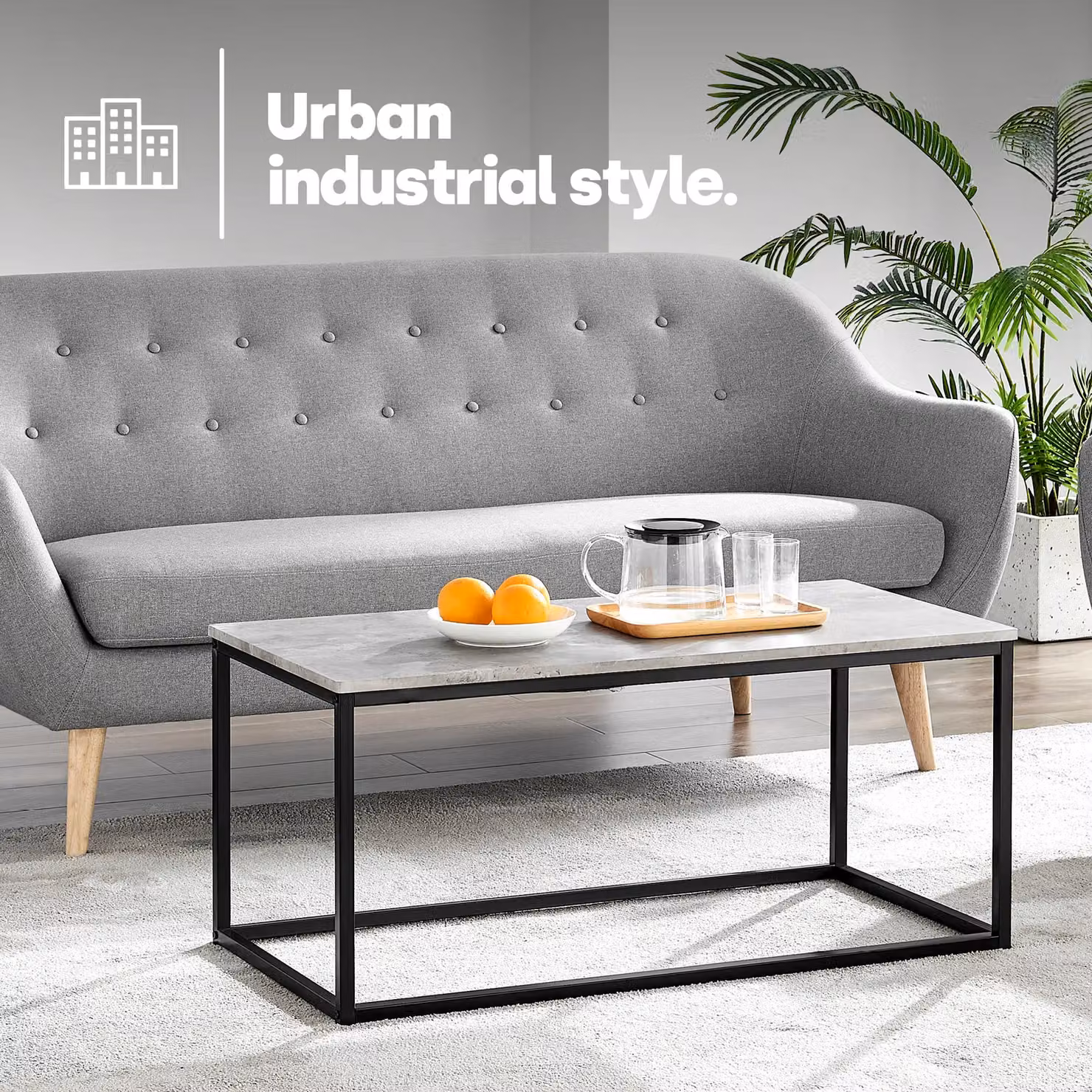 LIVIVO Industrial Concrete Effect Coffee Table with Grey Metal Frame, W: 100 cm, D: 50 cm, H: 45 cm – 2