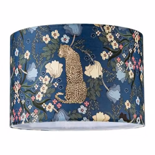 Happy Homewares Midnight Blue Fabric Cylinder Lampshade with Leopard and Botanical Foliage Design in Blue, Green, Pink and White