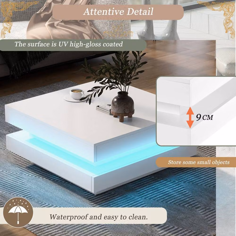 BTM Square LED Coffee Table with 360 Degree Rotating Top in White, W/D/H: 70 x 70 x 36 cm – 3