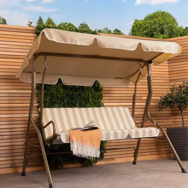 Charles Bentley 2-3 Seater Garden Patio Swing Seat with Sun Canopy in Beige