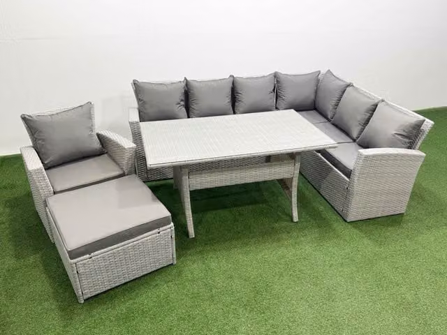 Fimous 8 Seater Rattan Garden Furniture Set with Corner Sofa in Light Grey